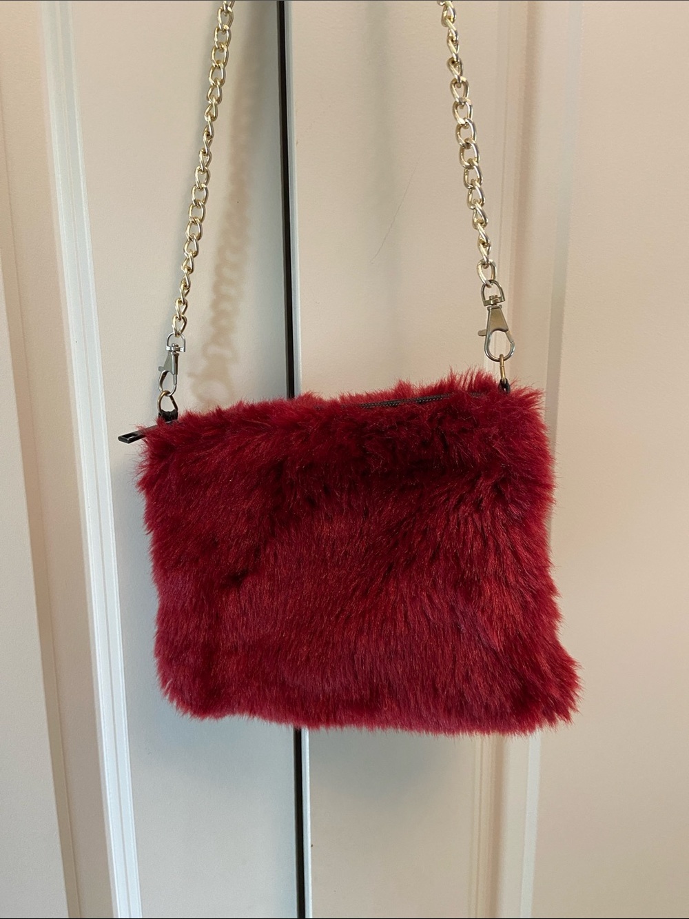 Burgundy Faux Fur Chain Strap Wristlet